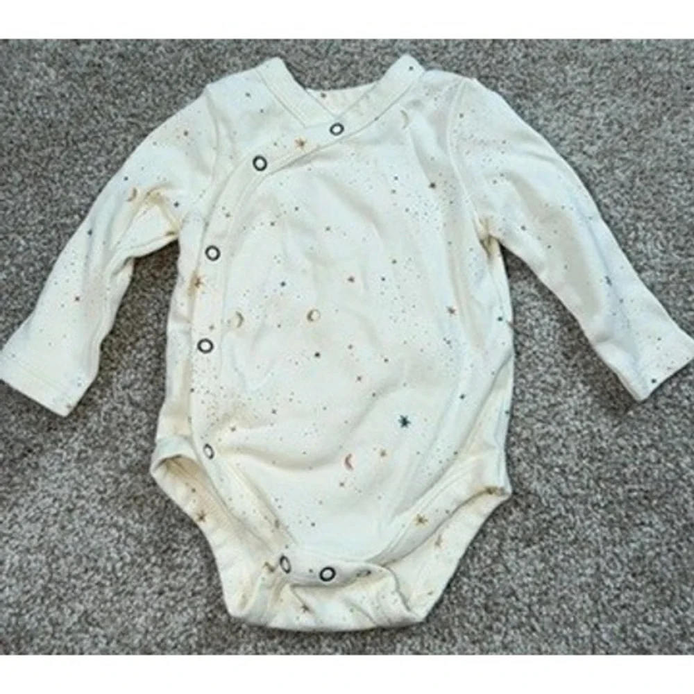 Pehr Organic Cotton Celestial Star Moon Kimono Long Sleeve Bodysuit 0-3M Cream
